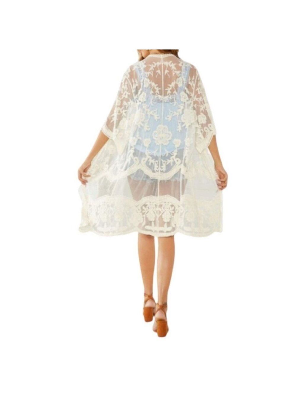 Adiva Kimono Lace Embroidered Bell Sleeves Large A102